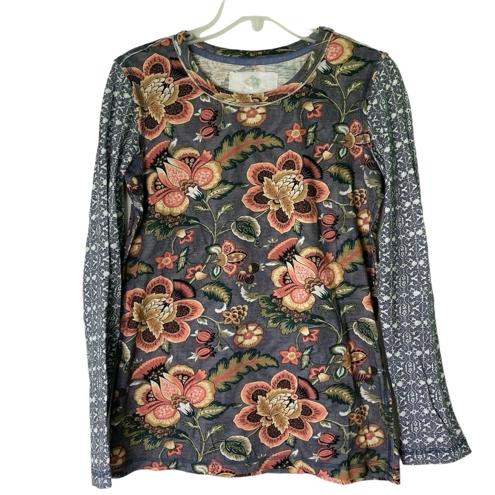 Cino‎ Long Sleeve Floral Tee Crewneck 100% Cotton Contrasting Sleeves (Size XS)